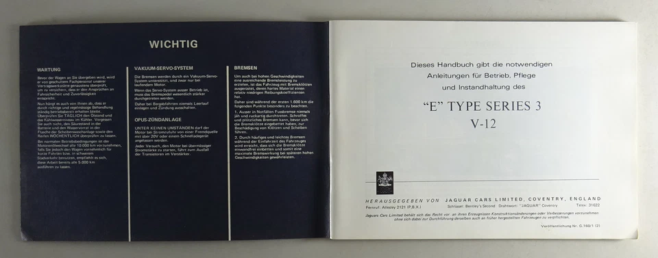 Bordmappe + Betriebsanleitung Jaguar E-Type V12 Serie III 5,3 Liter Deutsch 1974 — 第 3/4 张图片