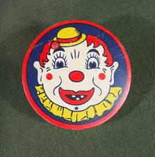 vintage KIRCHHOF tin litho toy CLOWN FACE PARTY round NOISE MAKER wood handle