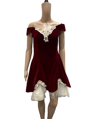 burgundy off shoulder skater dress VTG Dollar Burgundy Velve Off Shoulder Pearls Skater Dress M Formal Cottage  Core