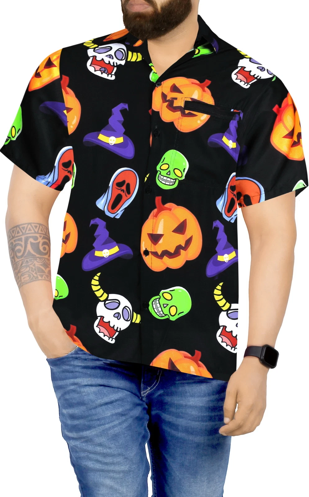 LA LEELA Mens Hawaiian Short Sleeve Button Down Shirts 5XL Clip Art, Scary Black