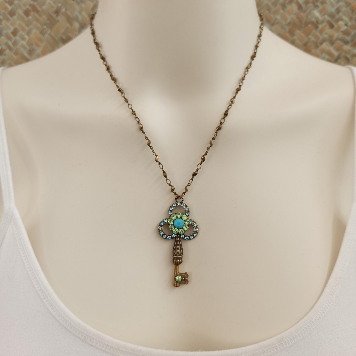 Michal Negrin Old Key Necklace Victorian Revival Pastel Green Blue