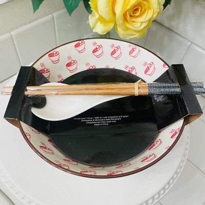 SH Home Double Sided Ceramic Ramen Noodle Bowl Chopsticks Spoon Set - EGG PRINT