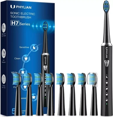Phylian H7 Black Sonic Electric Toothbrush Oral 8 heads 5 Mode Rechargeable NEW