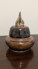 Signed Amber Studio Pottery Covered Jar Handmade Stoneware Lidded Vessel Brown