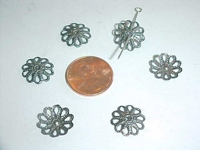 50 VINTAGE STEEL FILIGREE FLORAL FLOWER 13mm. BEAD CAPS L815