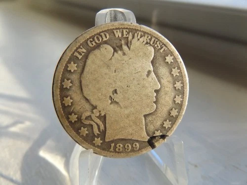 1899 BARBER ($.50) HALF DOLLAR COIN 90% SILVER, WORN, TONING, NICK ON EDGE