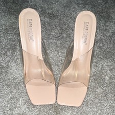 Cape Robbin Beige/Clear Square Toe Mule Heels Clear Strap Block Heel US 10