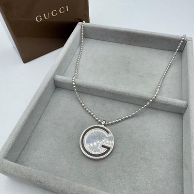 GUCCI Ineinandergreifende G Runde Anhänger Halskette 925 Silber Kugelkette Logo mit Box