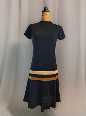 1960 s-70 s Vintage Sacony Exclusive Short Sleeve Navy Dress Stripe Trim