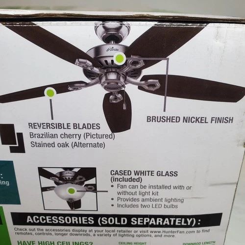 (1)-Hunter Builder Deluxe 52" Brushed Nickel Ceiling Fan with Light Kit. 53090 - Picture 8 of 10