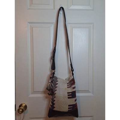 Peruvian Connection White Blue Woven Brown Leather Crossbody Bag Bohemian Hippie