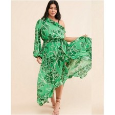 FARM RIO for Anthropologie Green Printed One-Shoulder Ruffle Dress Size Medium
