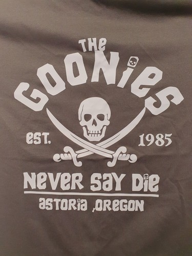 GOONIES T-SHIRT NEVER SAY DIE ADULTS SHORT SLLEVE UNISEX CREW NECK TOP TEE GREY - Picture 2 of 3
