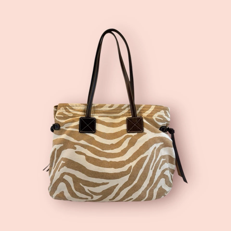 Bolso de Hombro DOONEY & BOURKE Caqui Estampado de Cebra Tela Cuero Marrón Borde