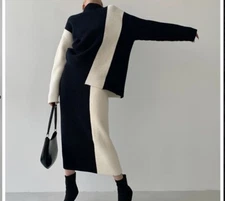 COMMENSE Miss Paris Stripe Two Piece Knit Skirt Set, Black White Size M