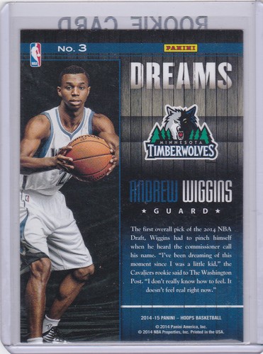 TARJETA DE NOVATO ANDREW WIGGINS Minnesota Timberwolves RC NBA Hopps Dreams 2014/15 LE - Imagen 2 de 2