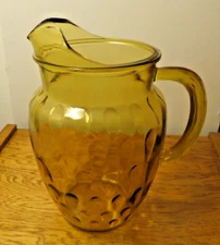 Vintage Large Yellow Amber Pressed Glass Thumb Print Water Pitcher Ribbed Handle