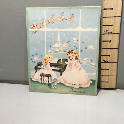 Vtg Christmas Card Angels Pink Dresses Piano Cat by;Wallace Browning ang4