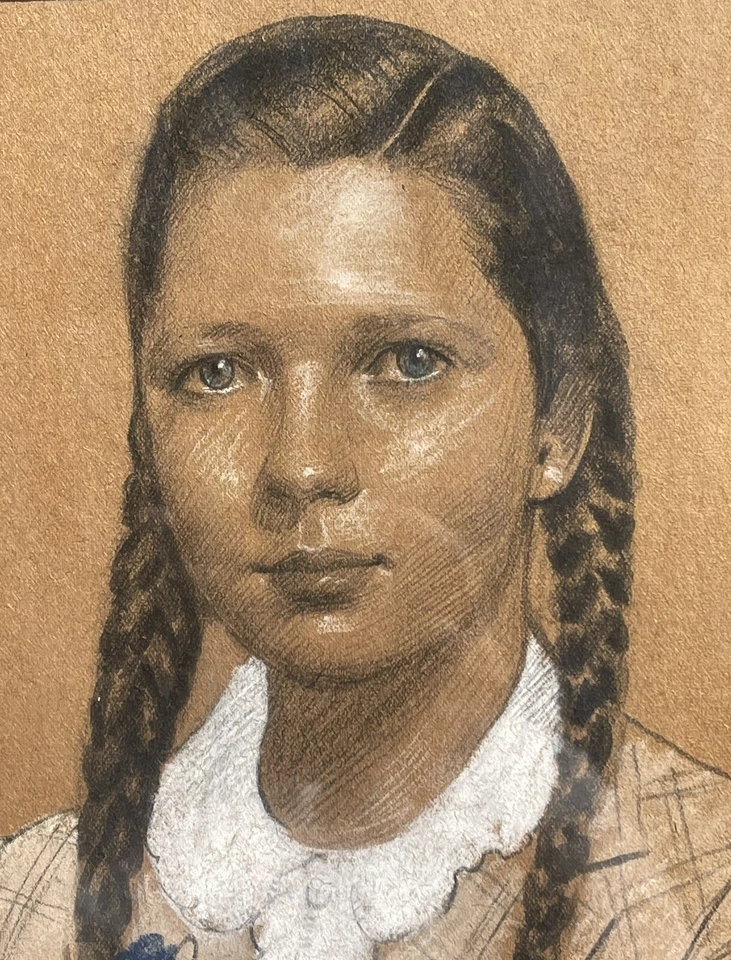Firmado y fechado (1942) pastel y grafito retrato de una niña por Harry Worthman Foto 4 de 4