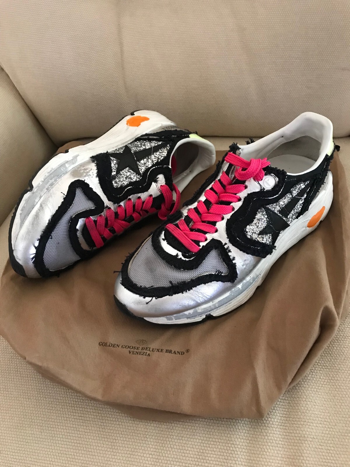 SAOLA Gol Goose Sneakers Running Suola Pelle Argento Glitter Nero Scarpe EU39 US9