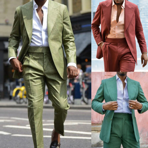 Linen Men's Wedding Suits 2 Pieces Wedding Grooms Tuxedos Wide Peak Lapel Blazer - Picture 1 of 21