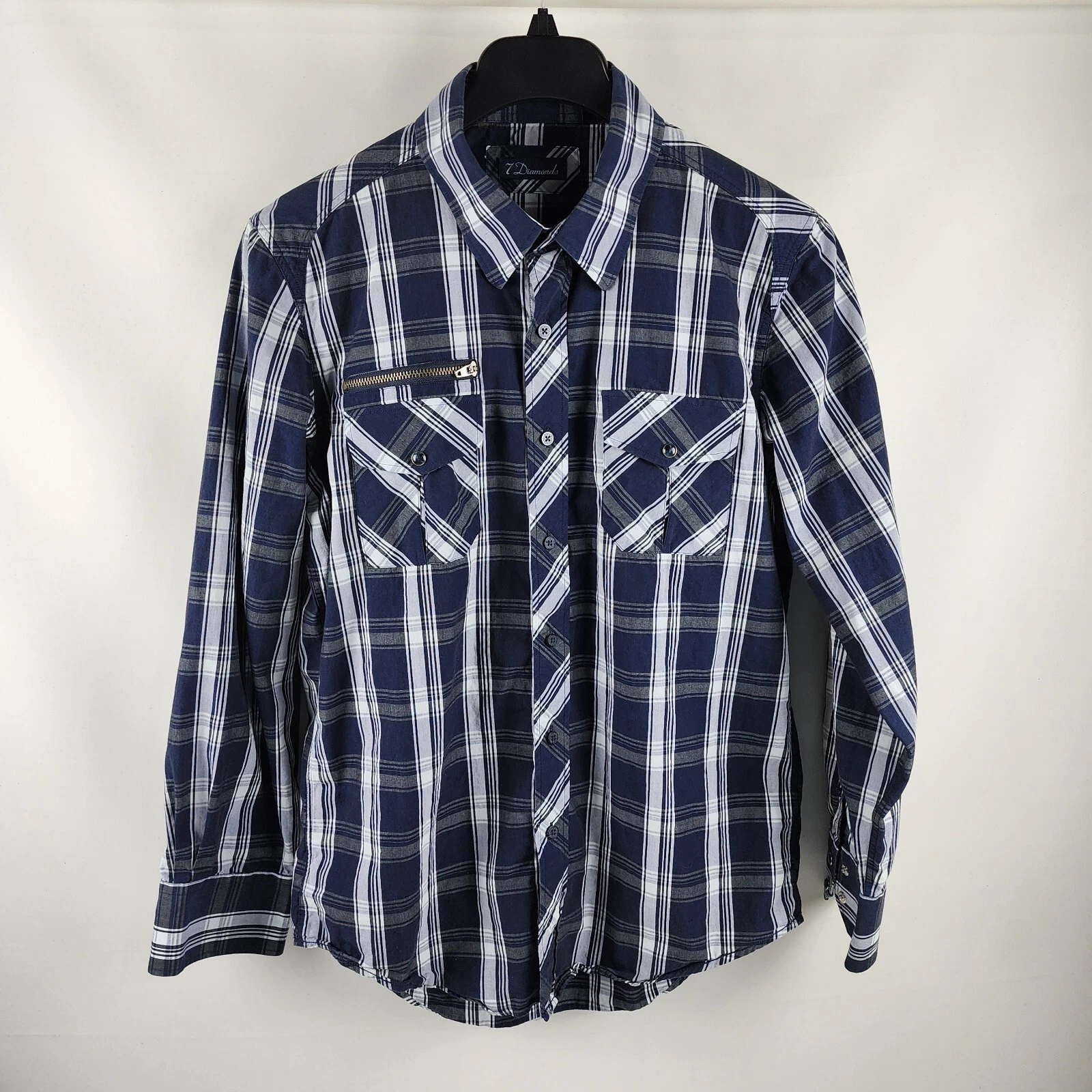7 Diamonds Shirt Mens Large Blue Multi Plaid Premium Button Up Chest Pockets