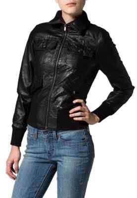 BASIC New Women's Black Ribbed Jacket 100% Real Lambskin Moto Biker Coat Jacket
