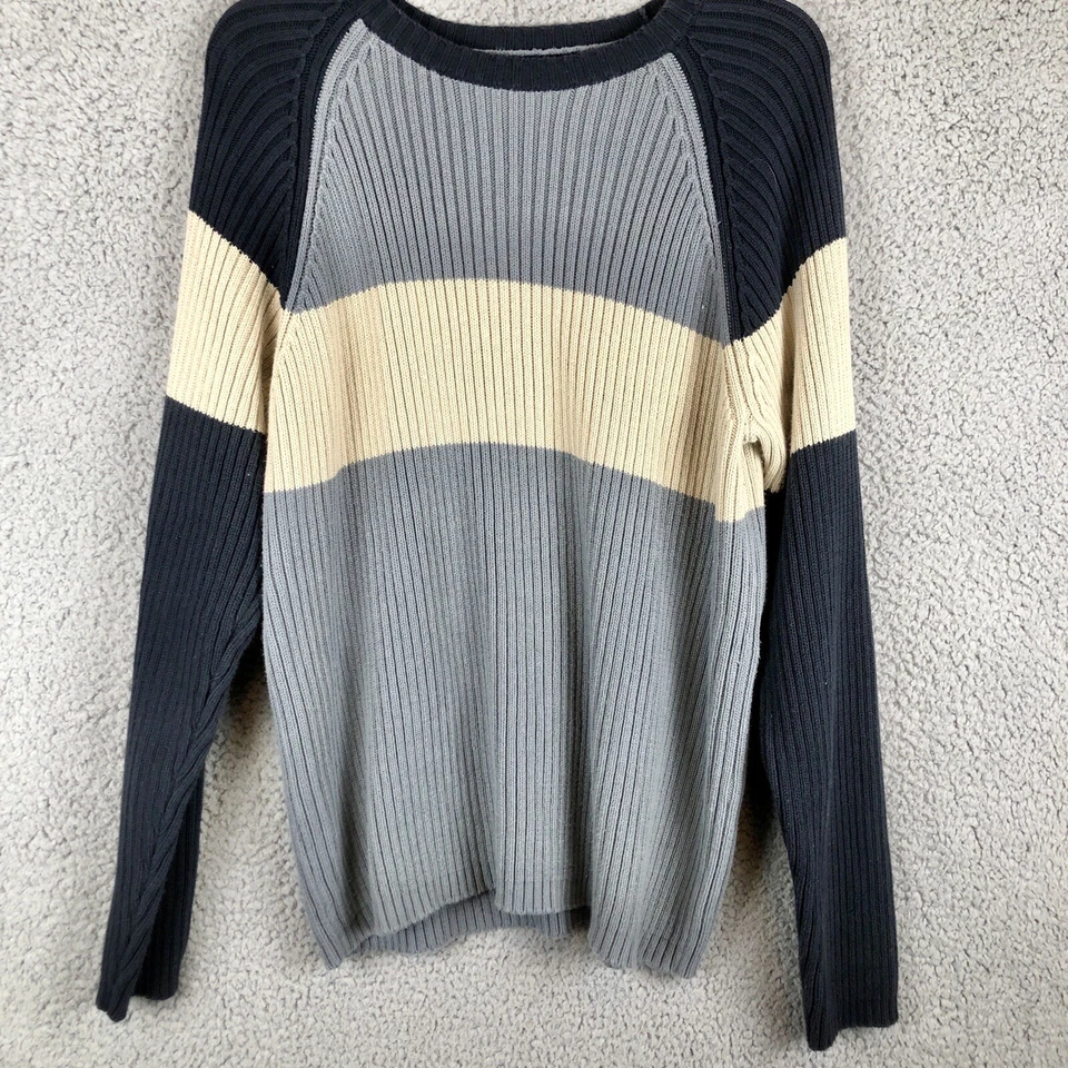 VTG Y2K Structure Mens Ribbed Sweater Large Long Sleeves Blue Cream Pullover 90s - Image 2 of 4
