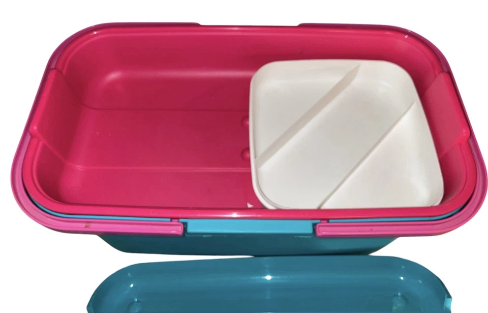 Vtg Eagle Craftstor Craft Sew Tote Organizer W/Tray Teal Pink Retro USA - Image 2 of 3