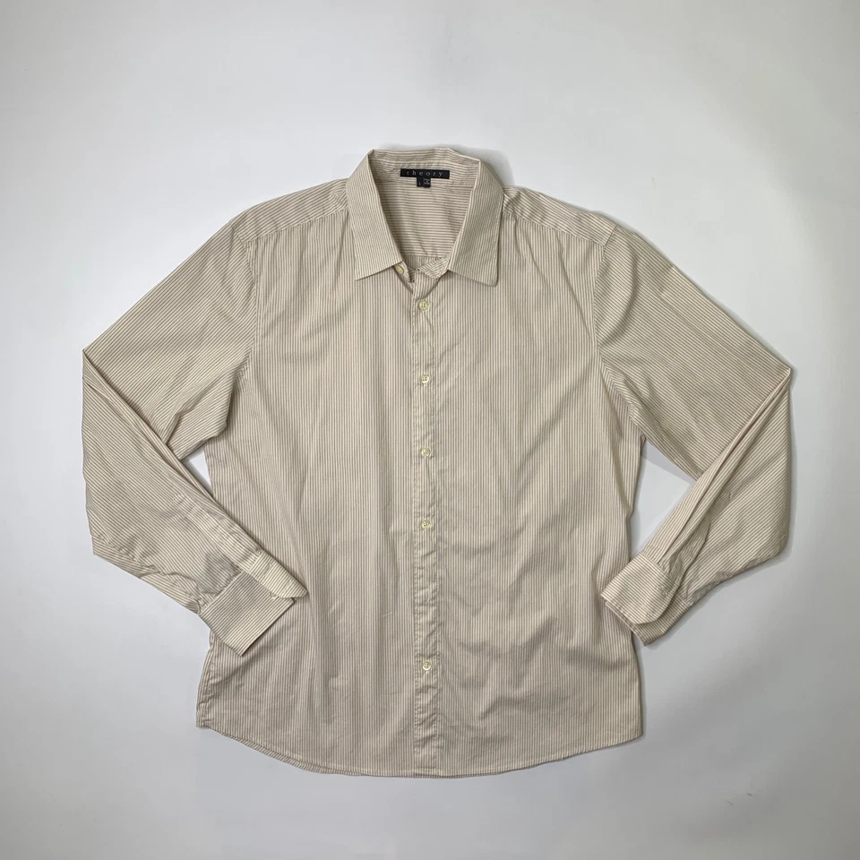 Theory Shirt Men L Large Sand Pinstripe Long Sleeve Button Up Davis Cotton Blend - Image 2 of 4