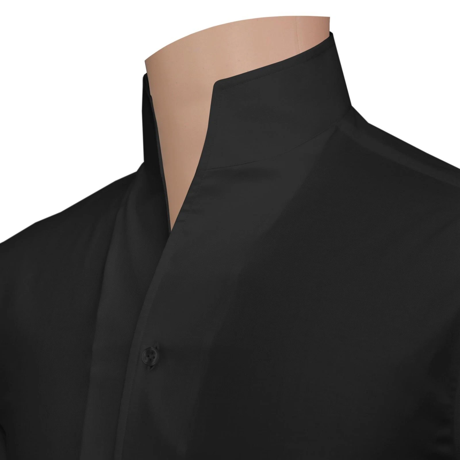 High Collar Shirt Solid Jet Black Buttonless Collar 100% Cotton Men's Open Neck