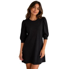 Terranova Black Puff Sleeve Midi Dress Women’s Classic Minimalist Stretch Dress
