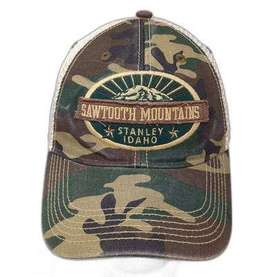 Legacy Sawtooth Mountains Trucker Hat Green Beige One Size Adjustable Mesh