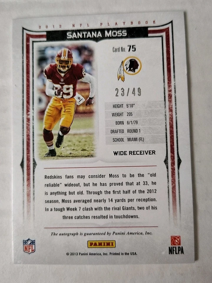 2013 Santana Moss Auto /49 Panini Playbook Washington Redskins - Image 2 of 2