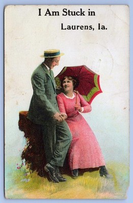 1912 Romantic Couple I'm Stuck in Laurens Iowa IA Greeting Postcard