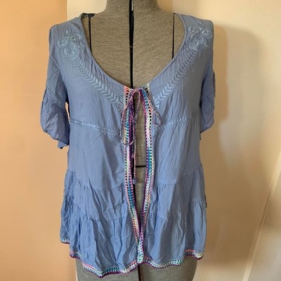Boho Blue Tiered Embroidered Tie Front Top Crochet Trim Short Sleeve Upcycled