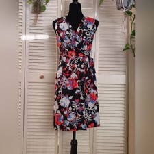 Dana Buchman Black Floral Faux Wrap Midi Dress