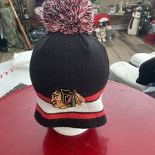 Chicago Blackhawks Beanie Hat Cap Black White Red Embroidered Knit Towed 19 NHL