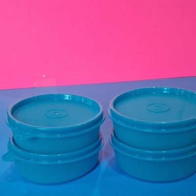 Vintage Tupperware Date Round Blue Plastic Bowl Set 180 ml w/ Snap Lids