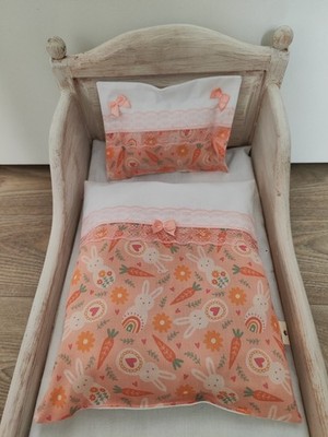 Hase lachs kleine Puppenbettwäsche f.Korbwagen PuppenwagenGarnitur Handmade Neu