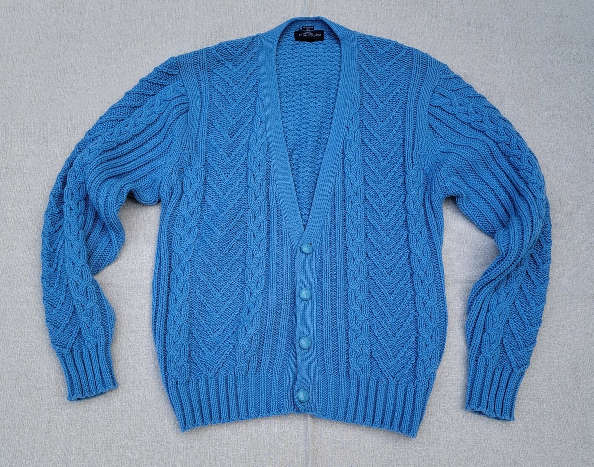 VINTAGE 90s Claybrooke Sweater Blue Cable Knitted Acrylic Cardigan 