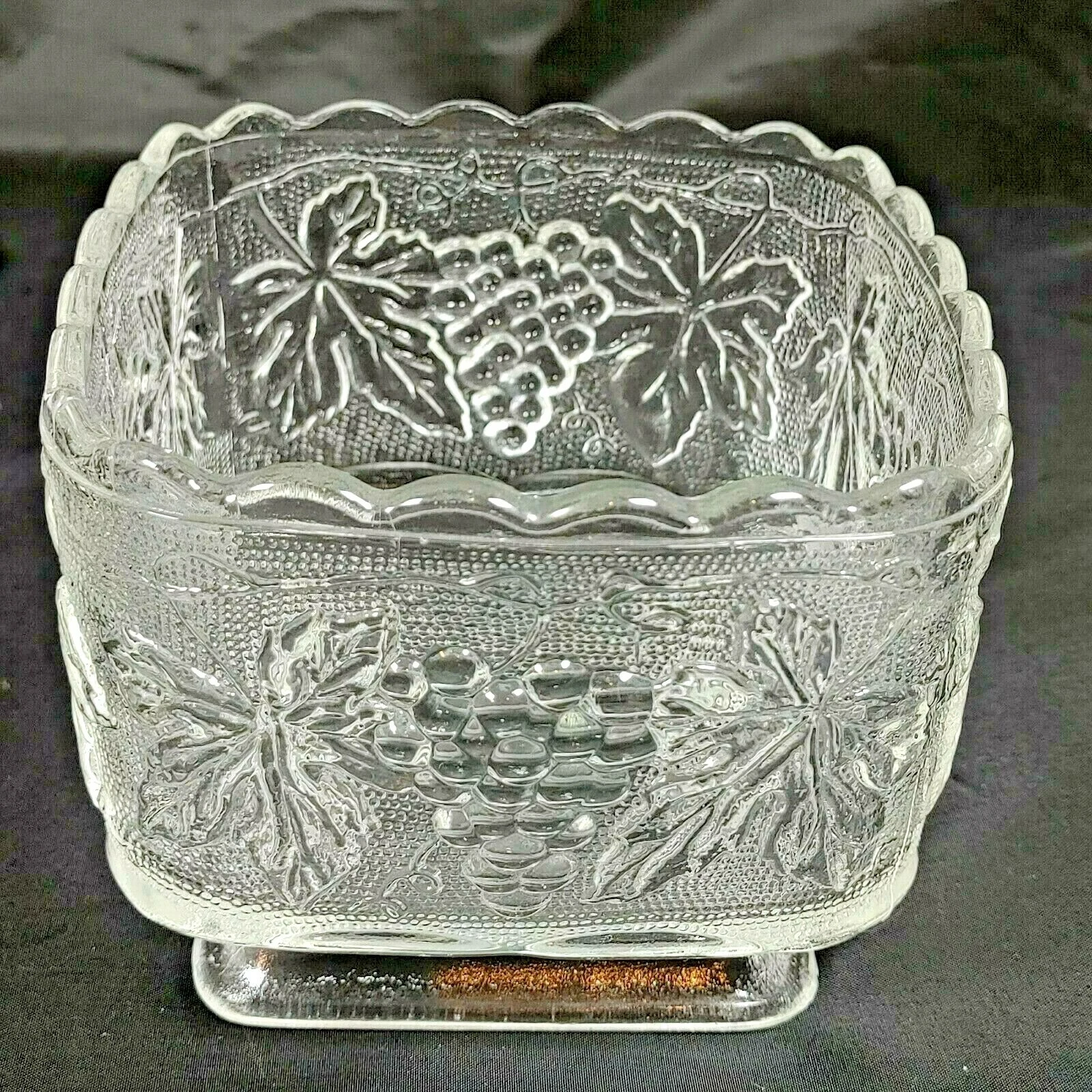 Vtg Anchor Hocking Footed Square Berry or Dessert Bowl Grape Vine Motif