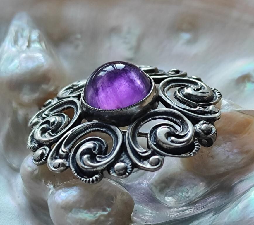 Brooch sterling silver 835 Amethyst Art Nouveau Germany