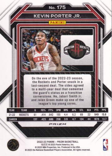 2022-23 Panini Prizm Silver Prizm #175 - Kevin Porter Jr. - Houston Rockets - Picture 2 of 2