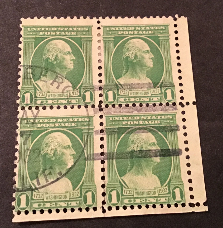 GEORGE WASHINGTON 1 CENT STAMPS USED RIGHT FACING 4 BLOCK 1932- Canceled DATE - Image 3 of 4