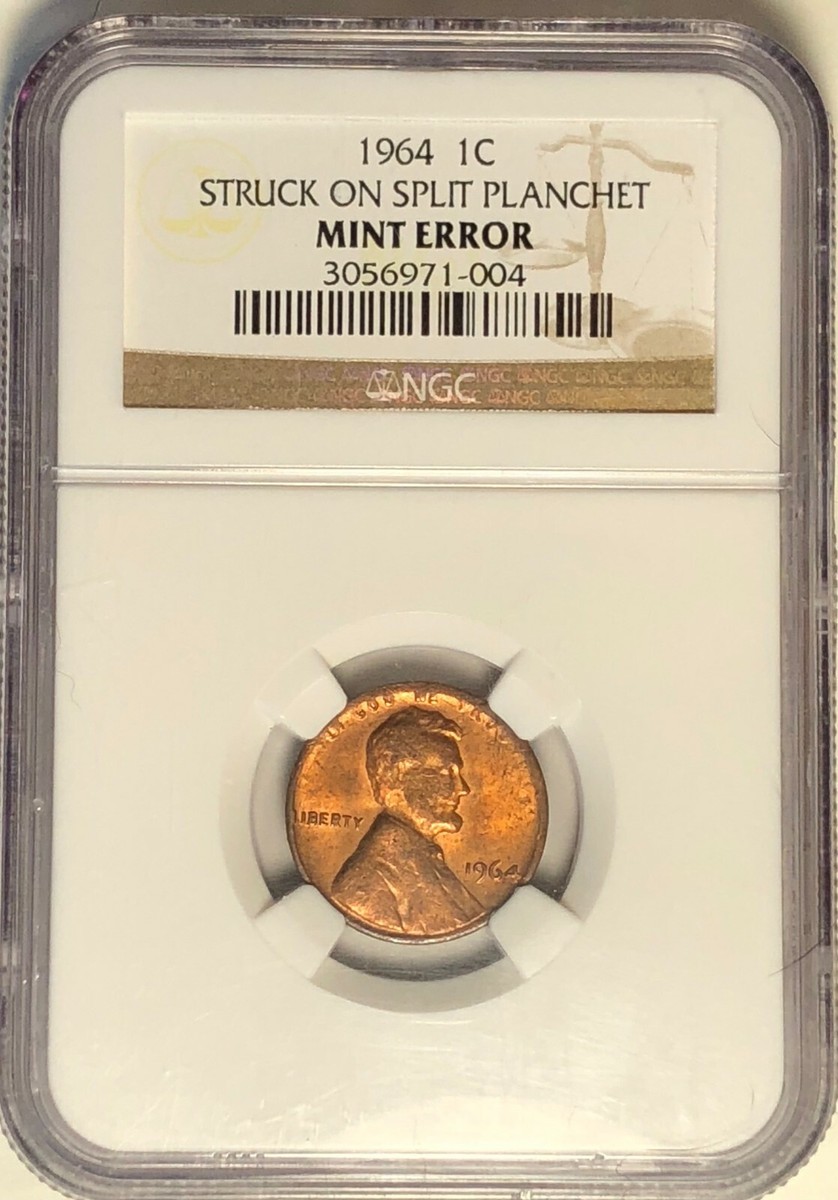 1964 Lincoln Cent, Struck on a Split Planchet Mint Error NGC