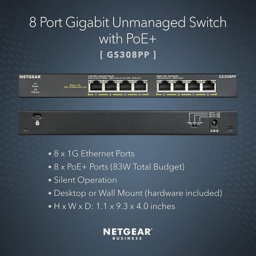Netgear 8-port Gigabit Ethernet Unmanaged PoE+ Switch GS308PP (83W) - Photo 5/6