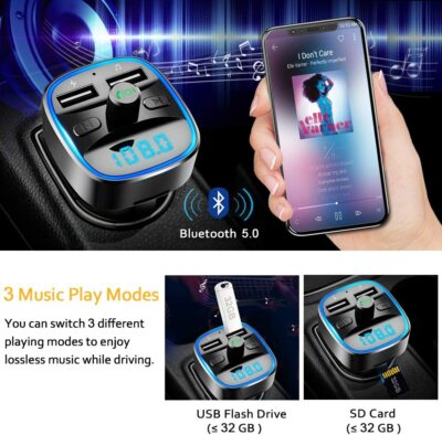 Transmetteur FM Bluetooth Pour Voiture - 3 Ports USB + 2 Ports Type-C, Recharge Rapide, Mains Libres, LED 7 Couleurs - Branchement Allume-cigare