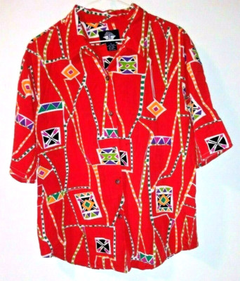 Red blouse shirt Geometric abstract print Sz M Relaxed oversized short sleeve