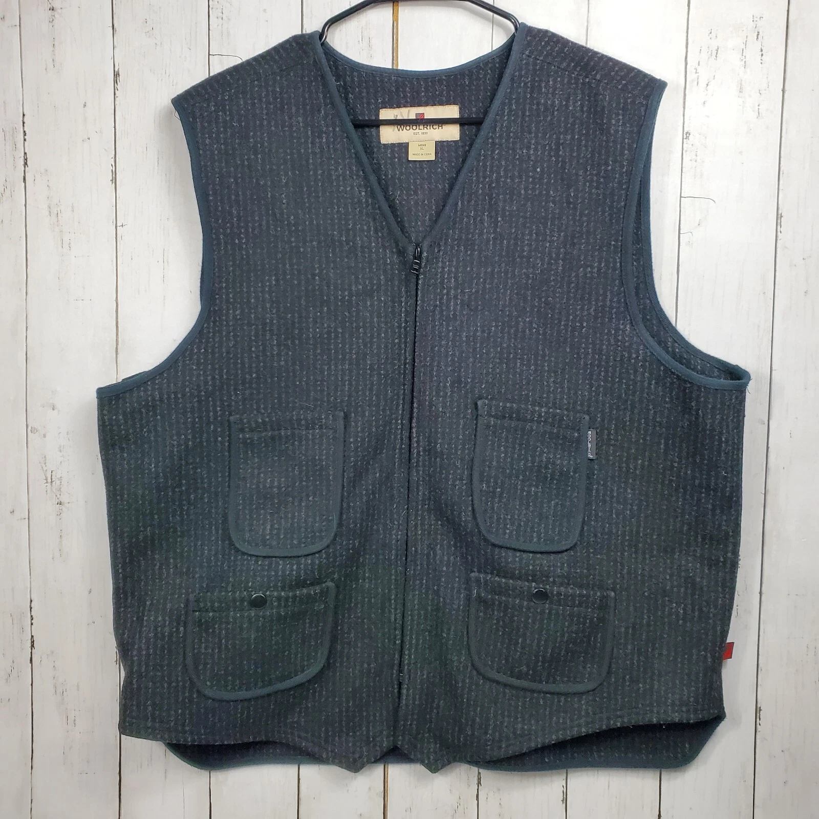 Woolrich Mens Wool Vest Full Zip Up Size XL Hunting Hiking Black Grey Pockets
